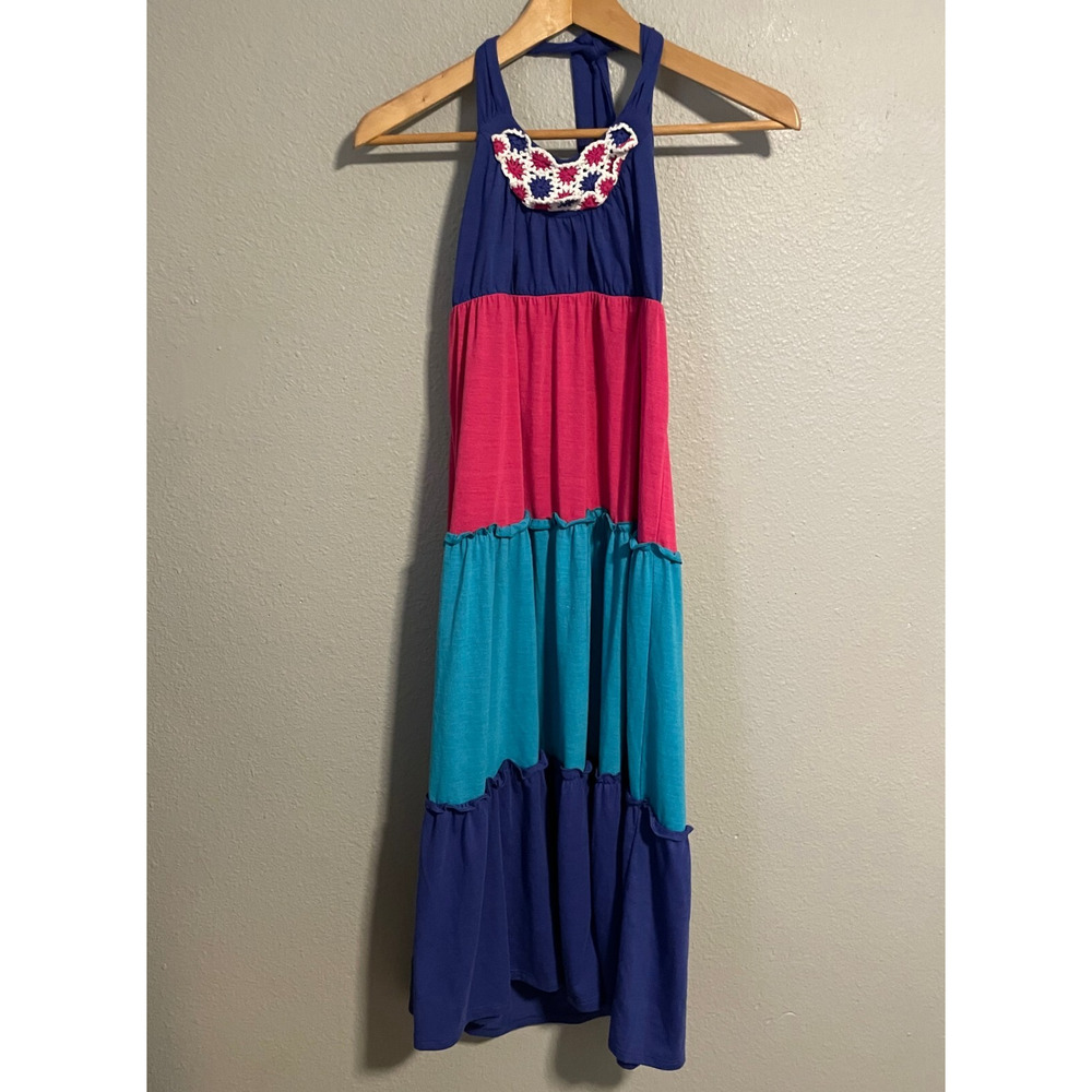 Candies Juniors Dress Size Medium Colorblock Tiered Halter Crochet Trim Boho Y2K